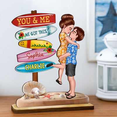 Couple Hugging Kissing Beach Sign Summer Vacation Personalized Standing Wooden Plaque