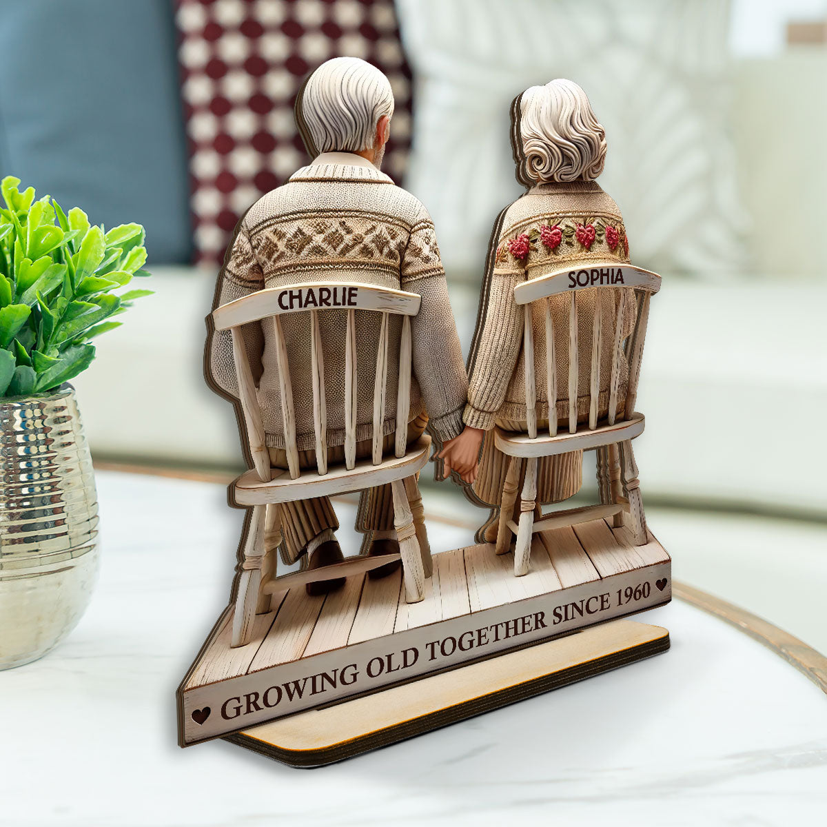 3D Effect Old Couple Holding Hands Sitting Together Personalized Standing Wooden Plaque, Heartfelt Anniversary Gift,  Gift For Couple, For Him, For Her, Husband, Wife