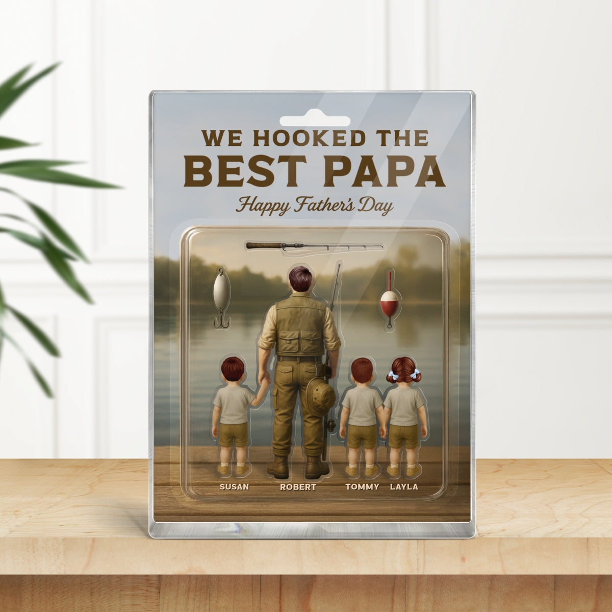 Dad And Kids Fishing Together Custom Figure Personalized Acrylic Block Plaque, Father's Day Gift For Fishing Dad, For Grandpa, For Husband