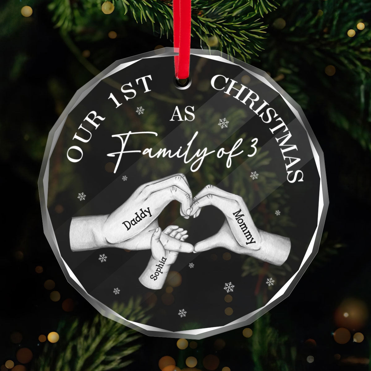 First Christmas As Family Of Three Family Heart Hands Personalized Glass Ornament