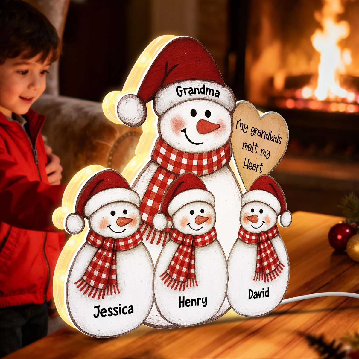 Folk Art Cute Snowman Grandma & Grandkid - Personalized Light Box - Christmas Decor For Grandma