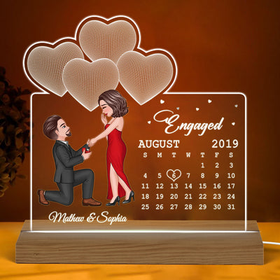 The Best Day Ever Engaged Couple Calendar Date 3D Hearts Personalized Custom Shaped Acrylic Plaque With LED Night Light