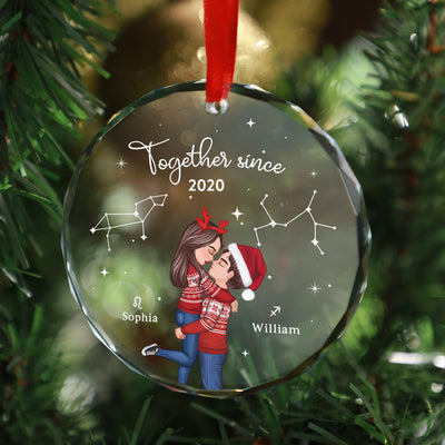 Couple Hugging Kissing Zodiac Sign Personalized Glass Ornament, Christmas Gift For Him For Her