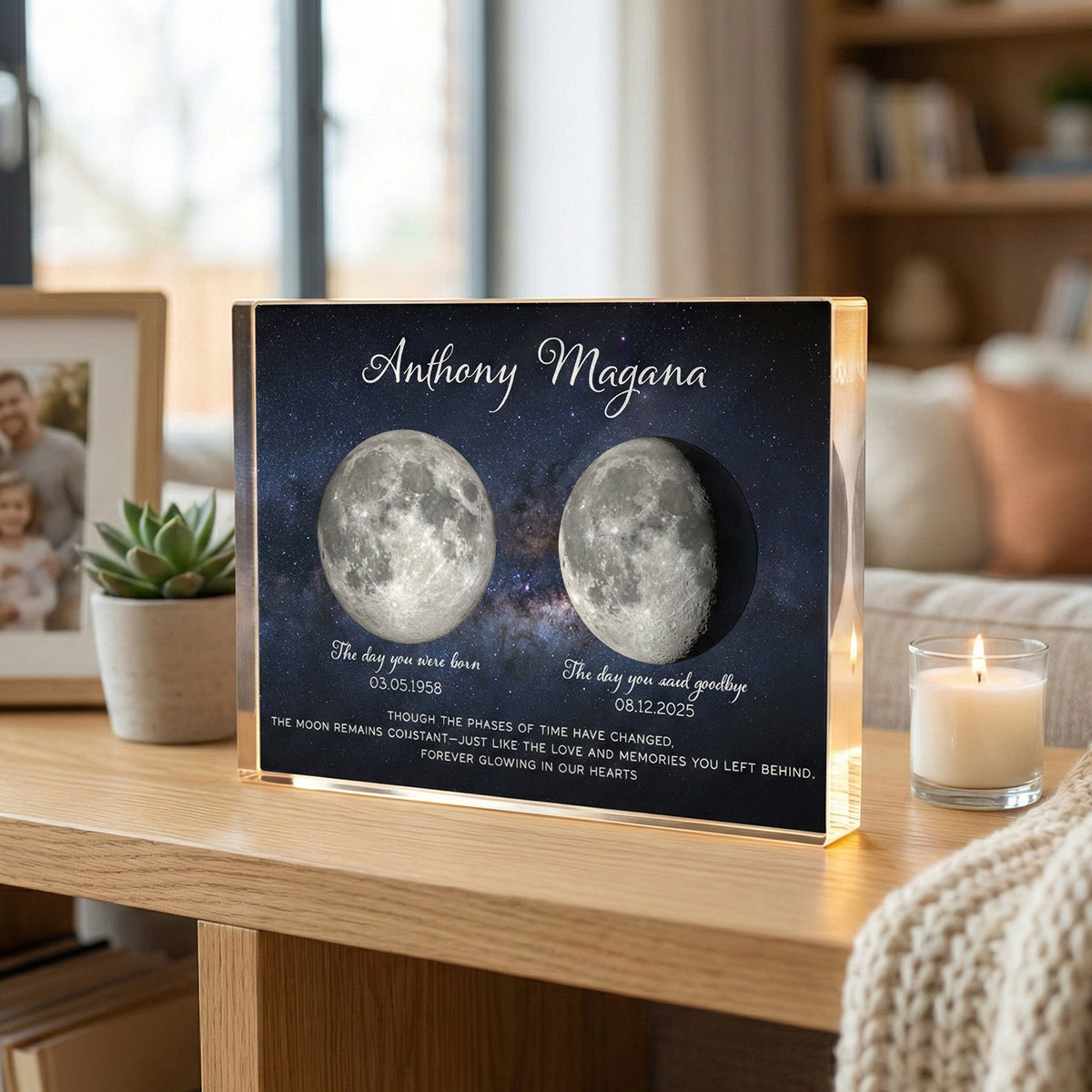 Lost Loved One Moon Phase Art - Personalized Acrylic Block Plaque - Memorial Sympathy Gift