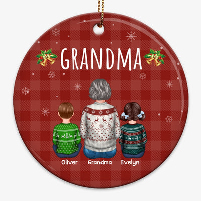 Checkered Pattern Grandma And Grandkids Christmas Personalized Circle Ornament