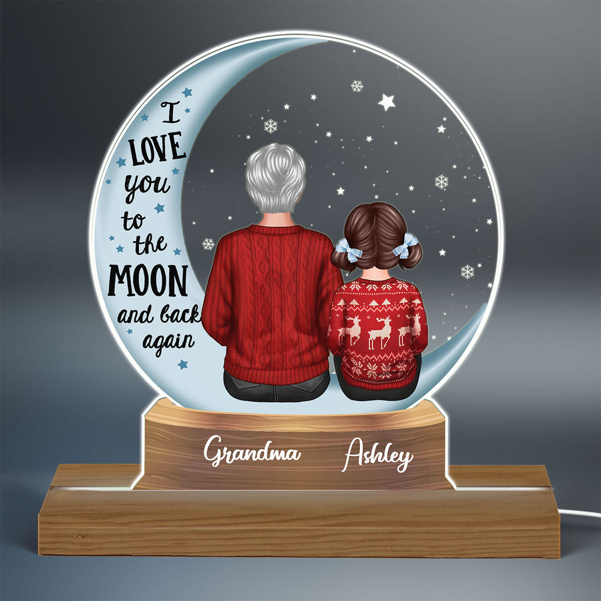 Snow Globe Grandma Grandkids On Moon Personalized Acrylic Custom Shape LED Night Light