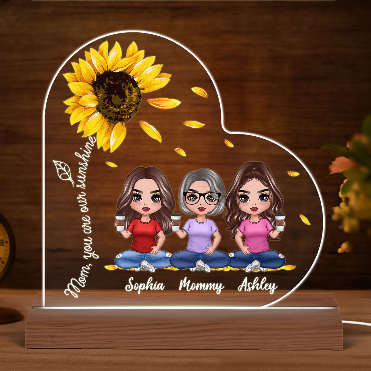 Mom You Are My Sunshine Sun Flower Sitting Doll Personalized Heart Plaque LED Night Light