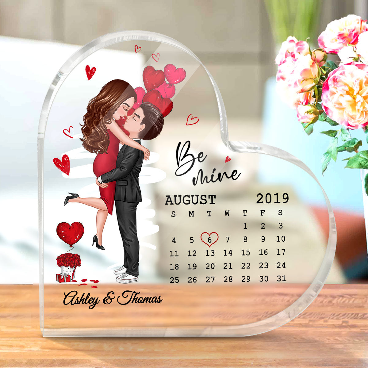Be Mine Couple Kissing Calendar Personalized Acrylic Heart Plaque - Gift For Him Gift For Her