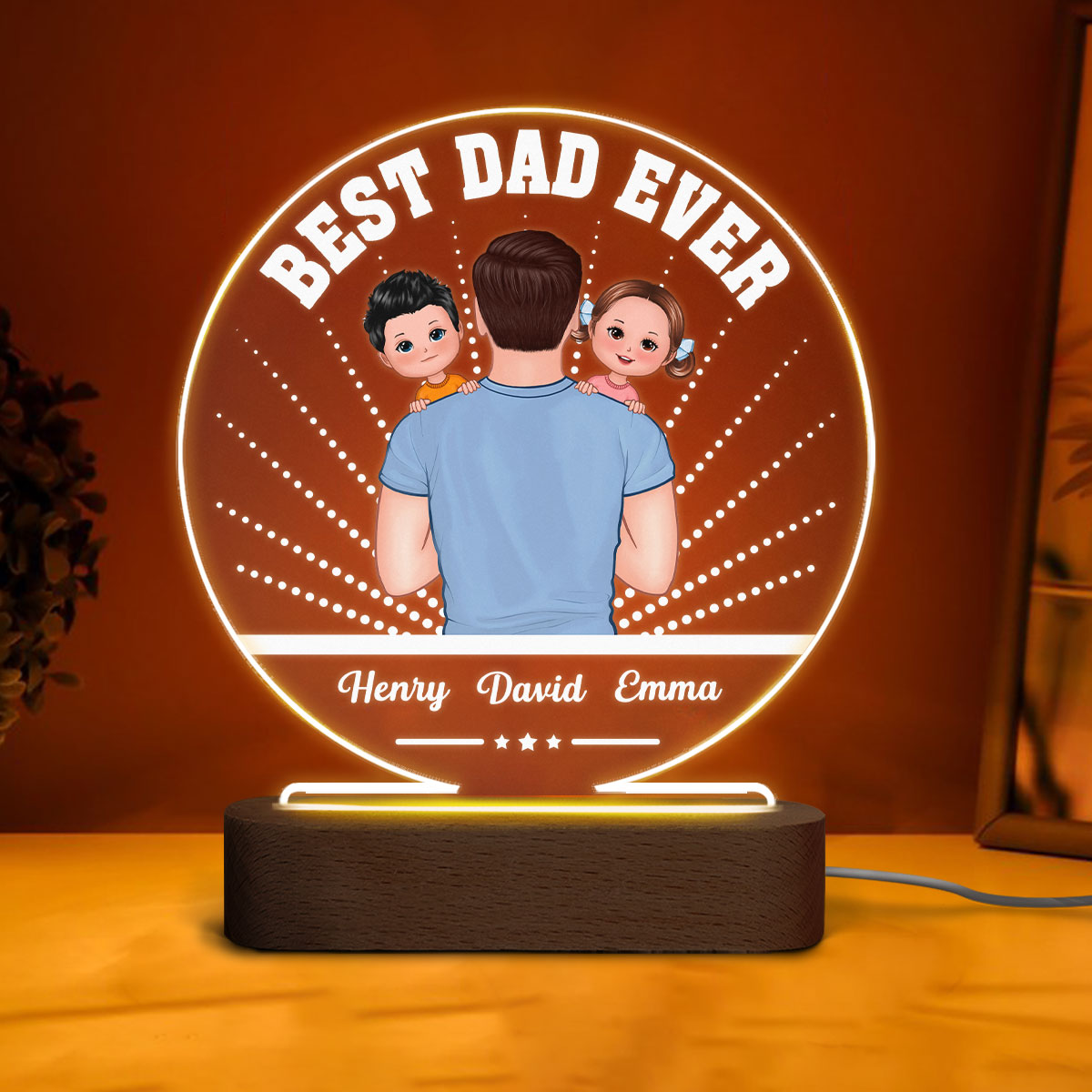 Best Dad Ever Dad Holding Kids On Shoulder Personalized Circle LED Night Light