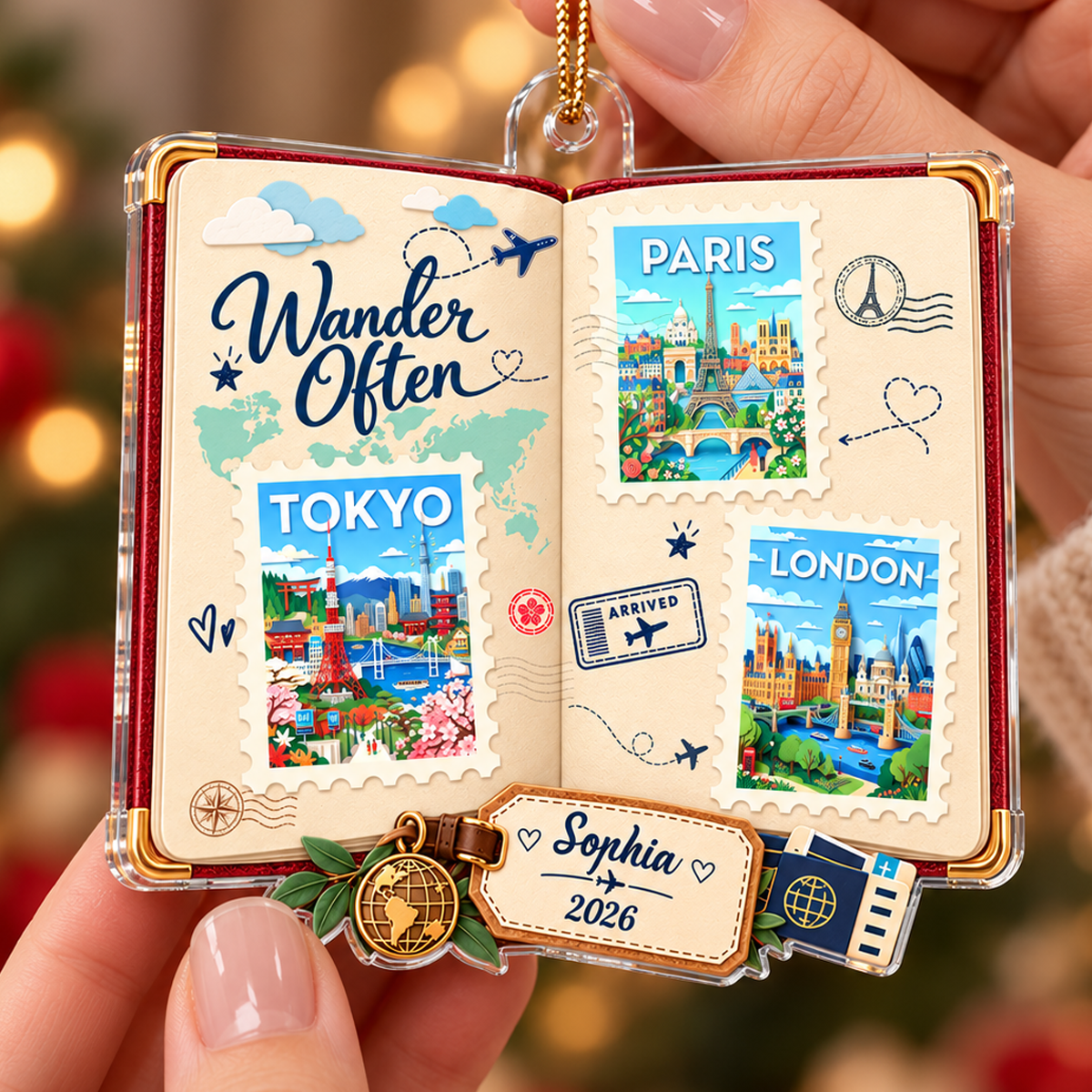 Travel Scrapbook Journal Stamps 2D Flat Printed - Personalized Acrylic Ornament - Traveling Destination Keepsake, Christmas Gift For Traveling Lovers