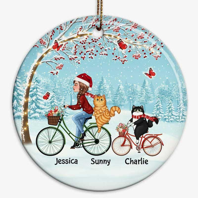 Woman And Cats Cycling Under Berry Tree Personalized Circle Ornament