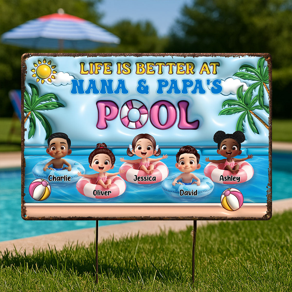Life Is Better At Grandpa Grandma Pool 3D Inflated Effect Personalized Metal Sign, Grandchildren Welcome Sign