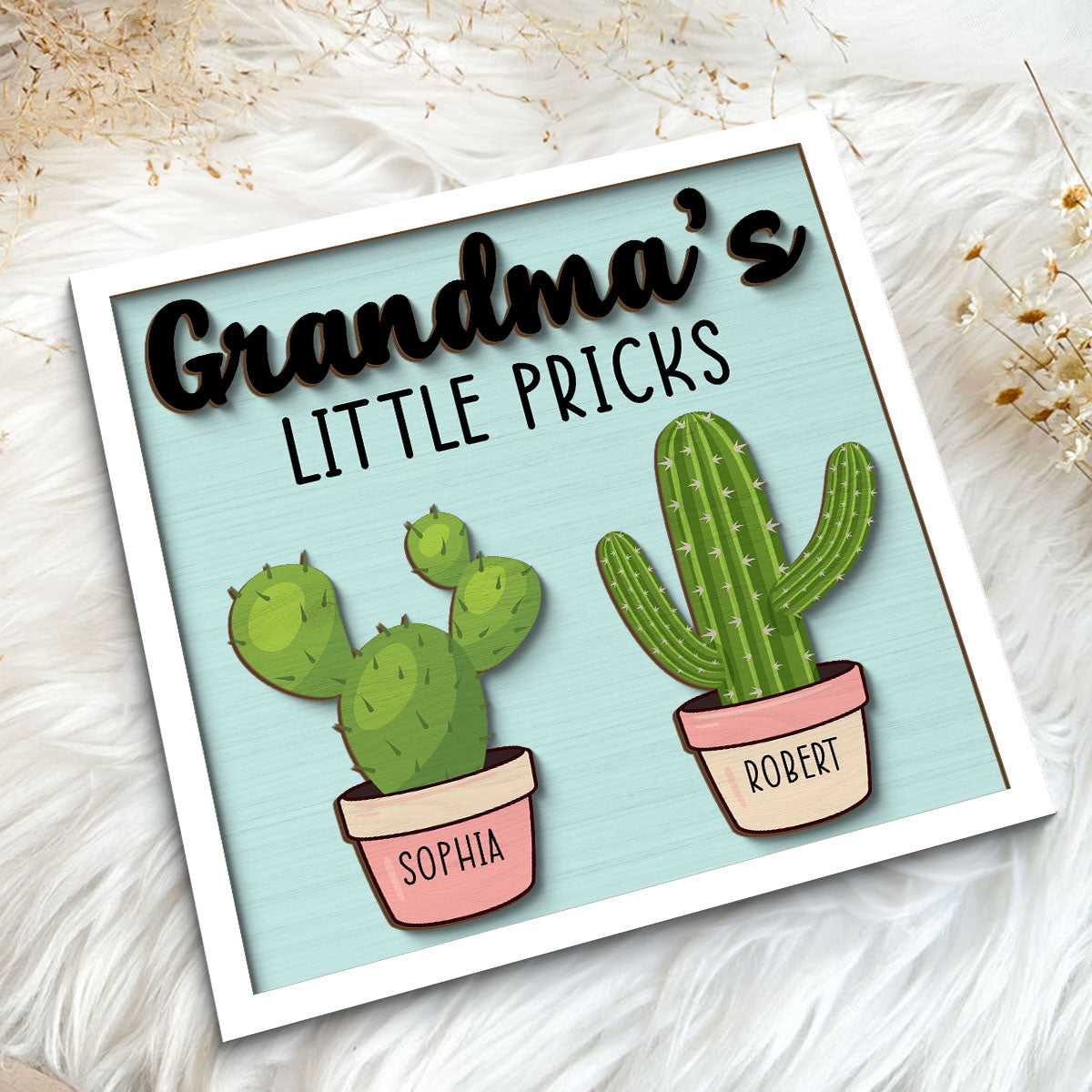 Grandma Mom Little Pricks Cactus Personalized 2-layer Wooden Plaque