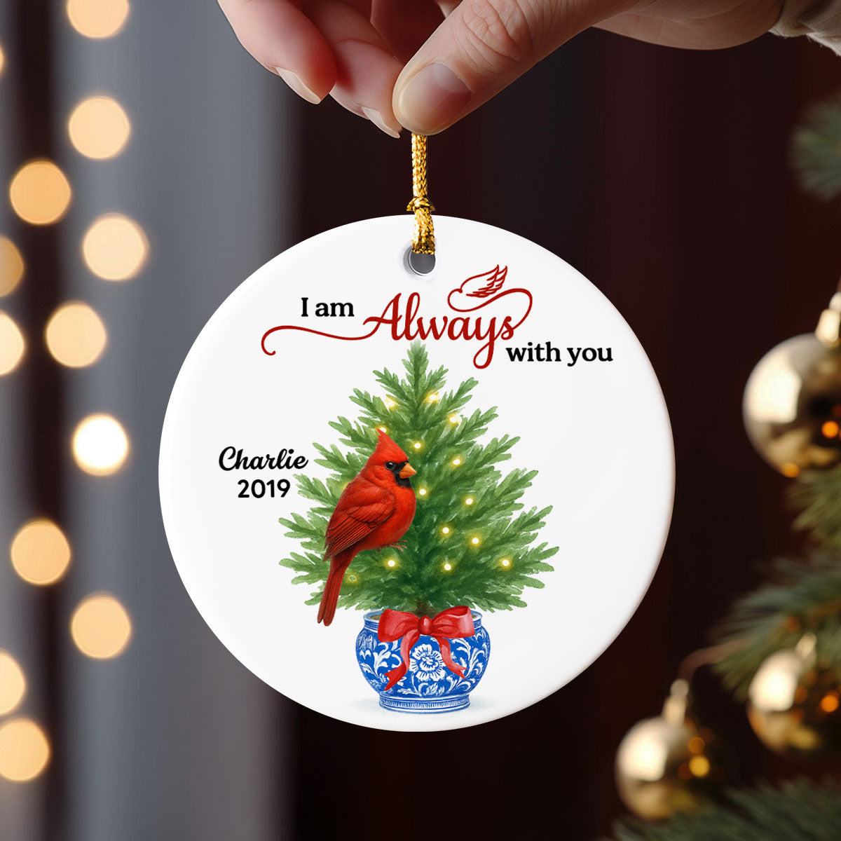 Cardinals Chinoiserie Christmas Always With You - Personalized Ceramic Ornament - Meaningful Sympathy Gift