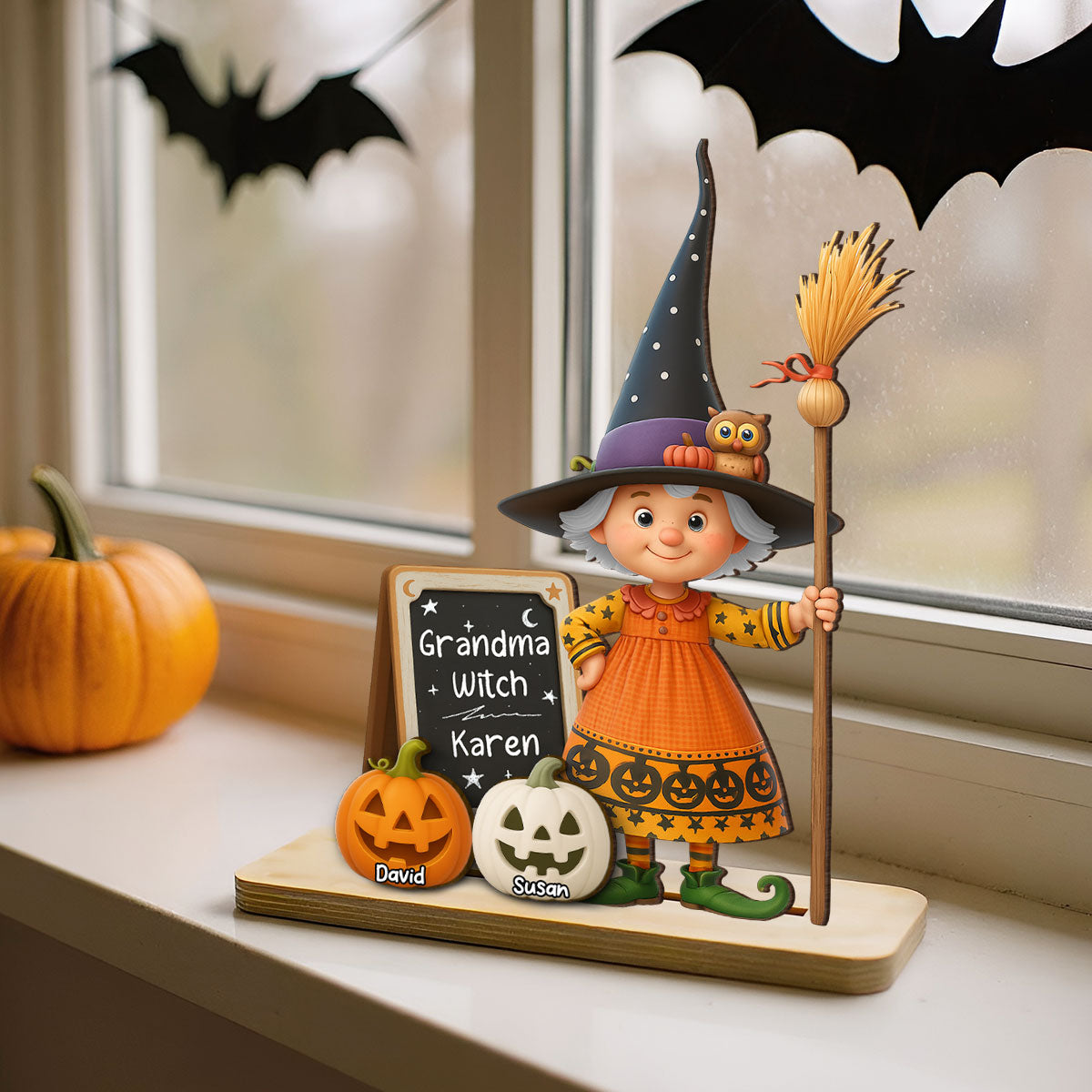 Grandma Witch Personalized Standing Wooden Plaque, Halloween Jack-o'-lantern Decor for Grandma