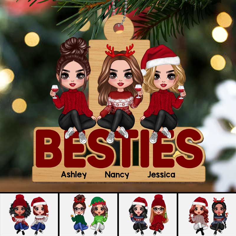 Doll Besties Sitting On Word Personalized Wooden Ornament