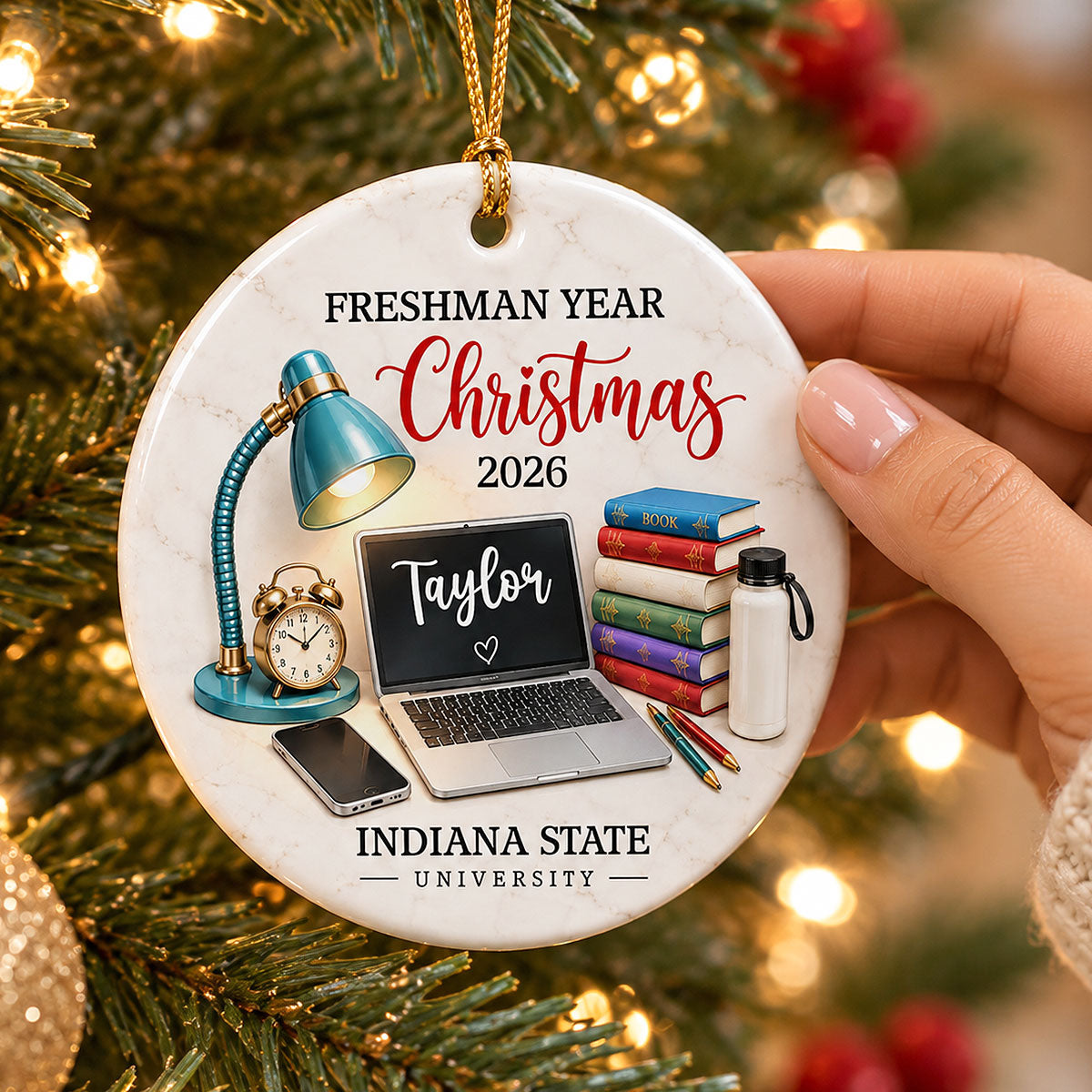 Freshman Year Christmas Study Desk – Personalized Ceramic Ornament – College Student Christmas Gift, First Year Keepsake