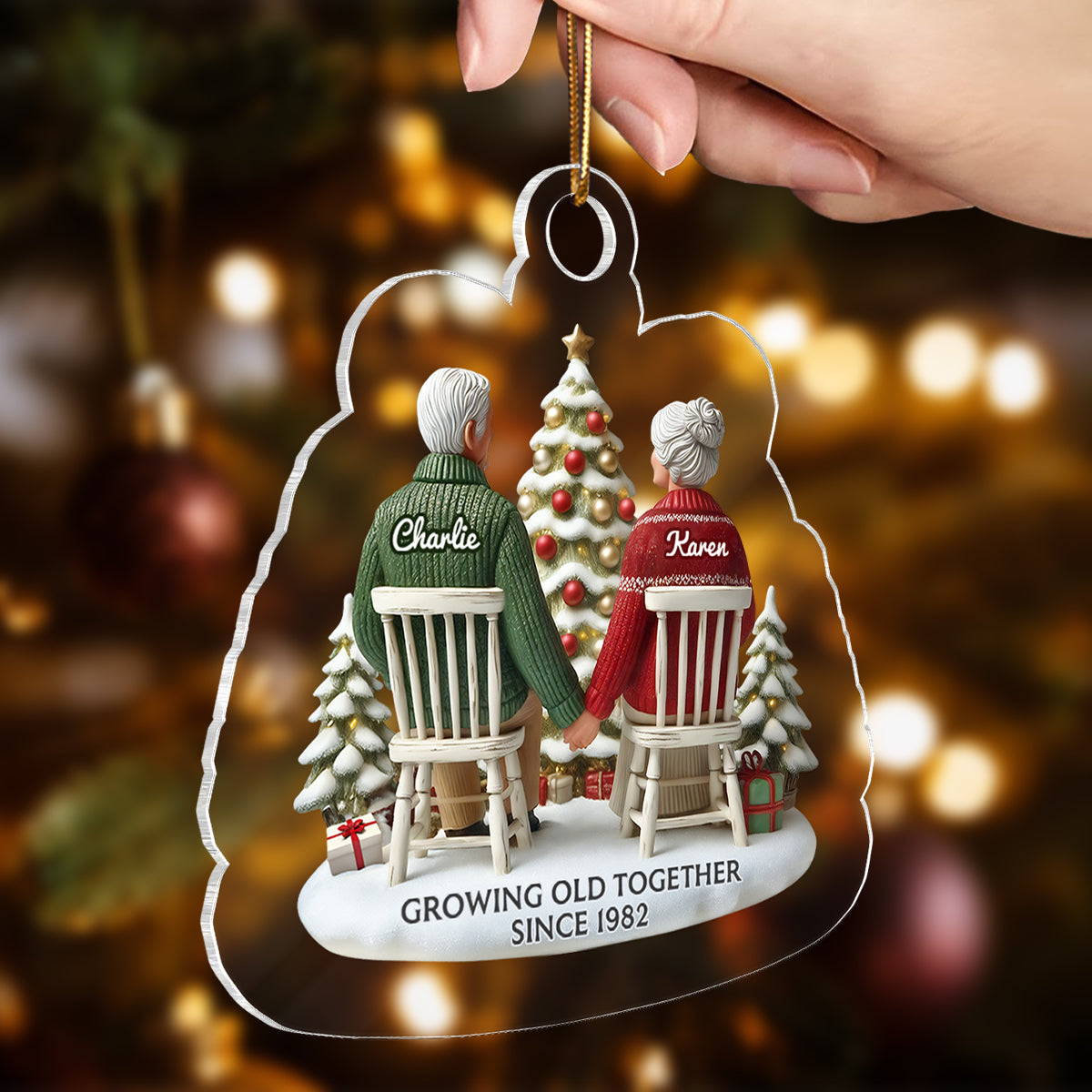 3D Effect Old Couple Growing Old Together Christmas - Personalized Acrylic Ornament - Gift for Him, Gift for Her