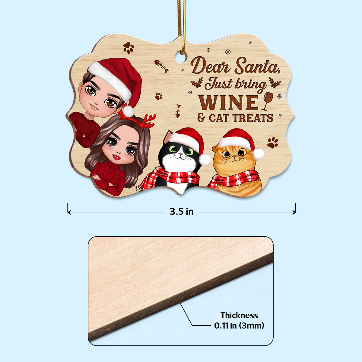 Dear Santa Just Bring Wine & Cat Treats Funny Personalized Wooden Ornament