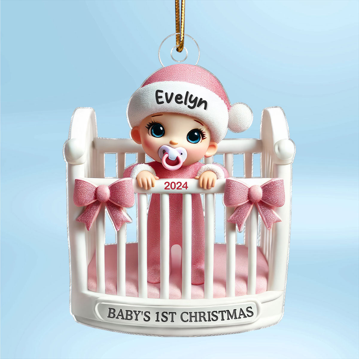 Baby Inside Crib 3D Effect Baby's First Christmas Personalized Acrylic Flat Ornament