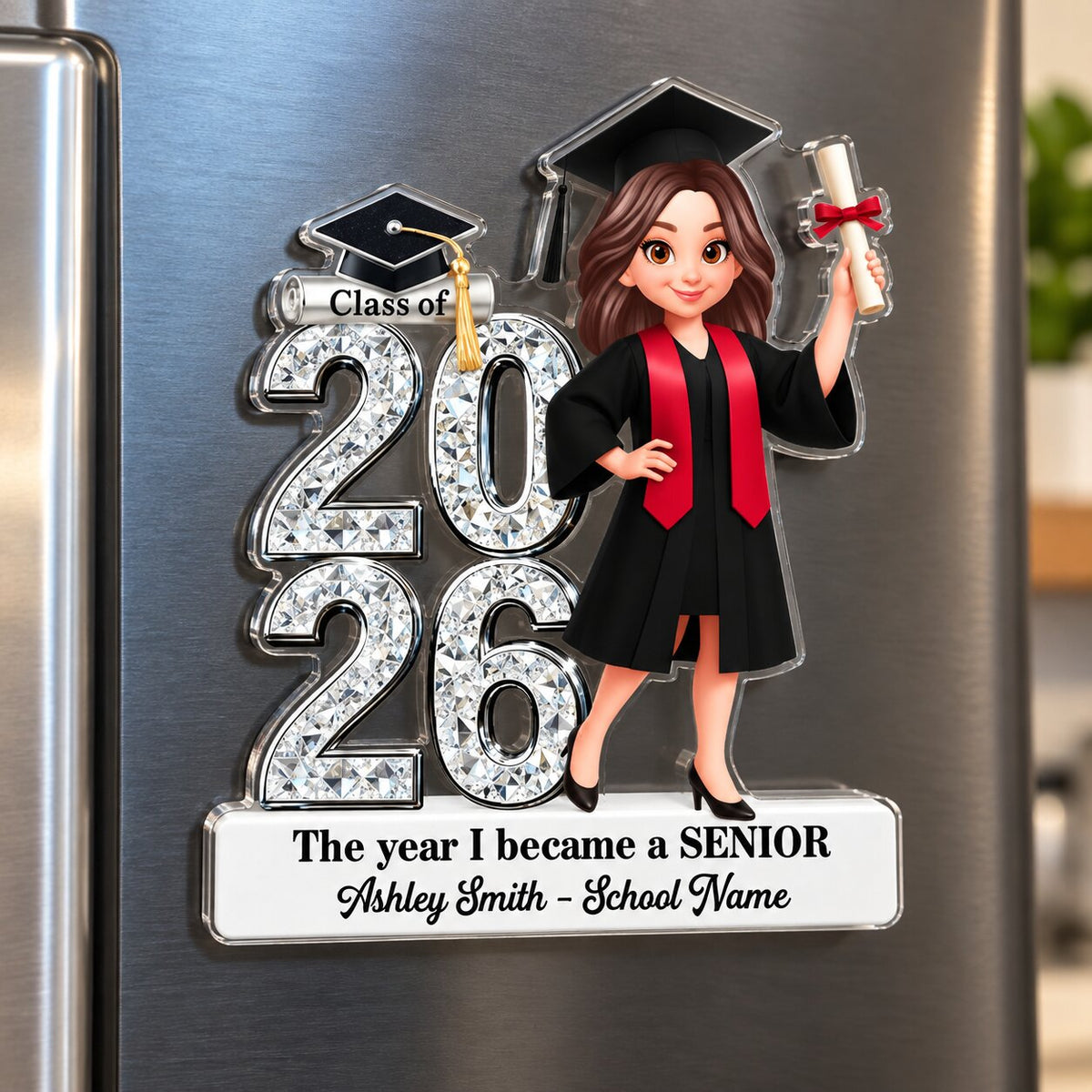 The Year I Became A Senior - Personalized Acrylic Fridge Magnet - Christmas Gift For Seniors, Daughter, Son, Granddaughters, Grandsons