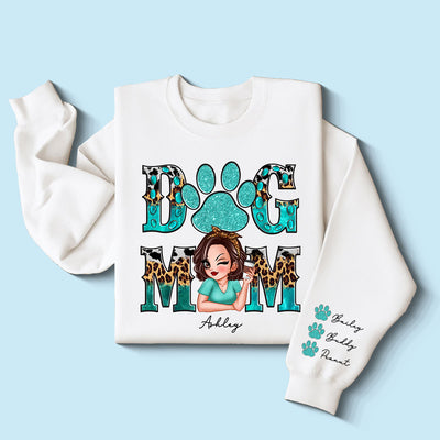 Teal And Leopard Dog Mom Gift For Dog Lovers Personalized Sleeve Printed Sweatshirt