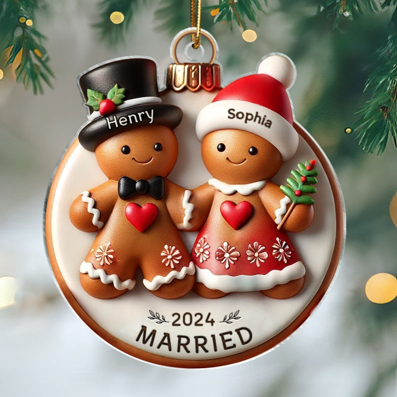3D Effect Gingerbread Couple Married Engaged Merry Christmas Personalized Acrylic Ornament
