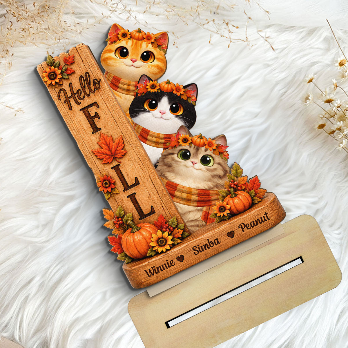 Hello Fall Cats 2D Flat - Personalized Wooden Plaque - Fall Season Decoration
