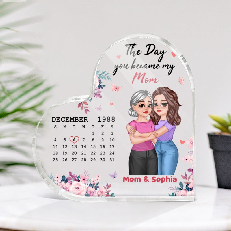 The Day You Became My Mommy Hugging Cartoon Mother Daughter Calendar Date Personalized Acrylic Heart Plaque