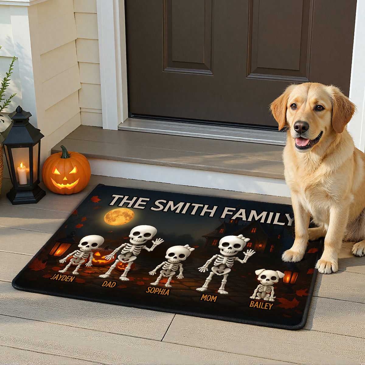 3D Effect Halloween Spooky Theme Funny Skeleton Family Personalized Doormat