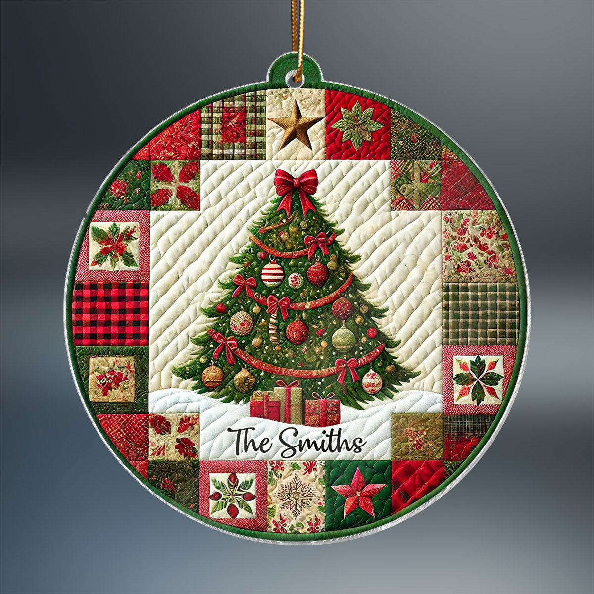 3D Effect Quilting Patchwork Fabric Patterns Christmas Tree Family Name Christmas Personalized Acrylic Ornament