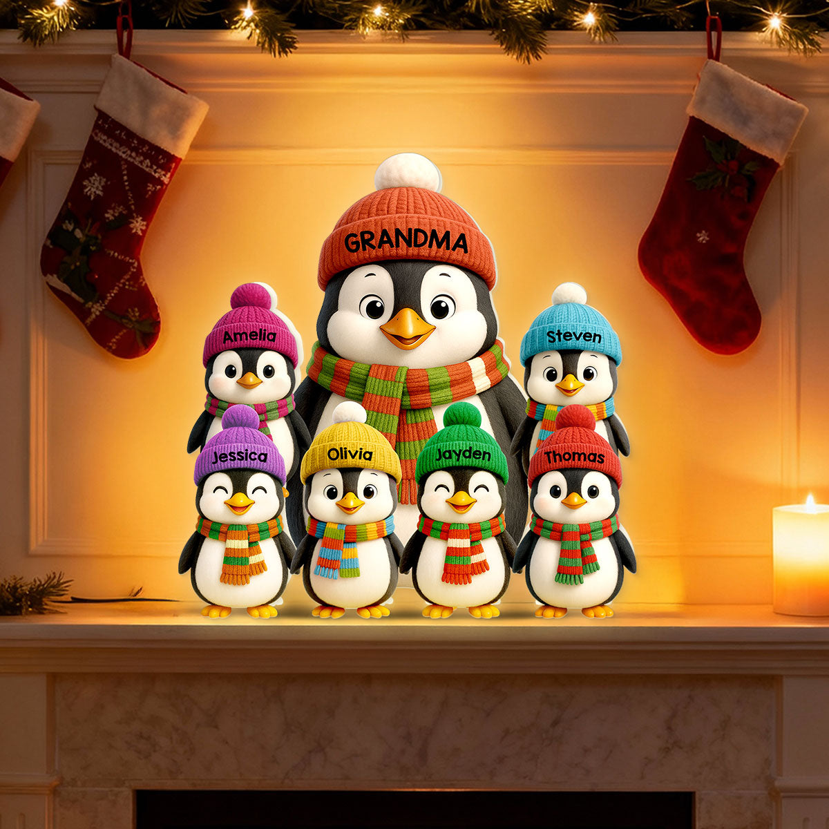 3D Effect Heartwarming Christmas Penguins Grandma Grandkids - Personalized Light Box
