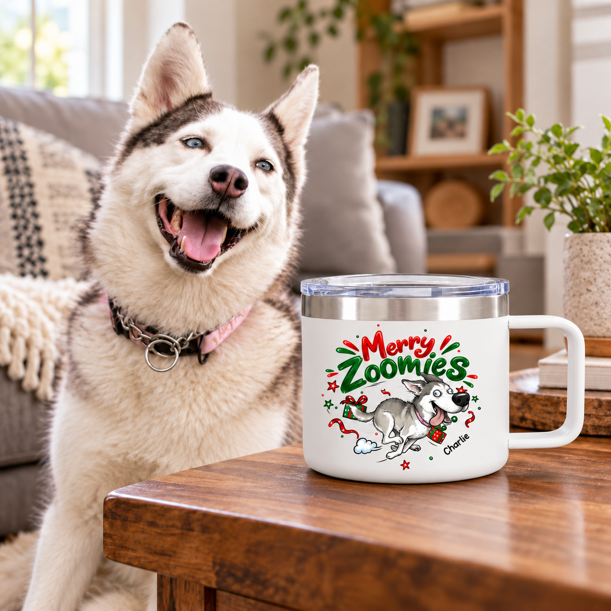 Merry Zoomies Quirky Dog Portrait From Your Custom Pet Photo - Personalized Stainless Steel Tumbler - Funny Christmas Gift For Dog Lover