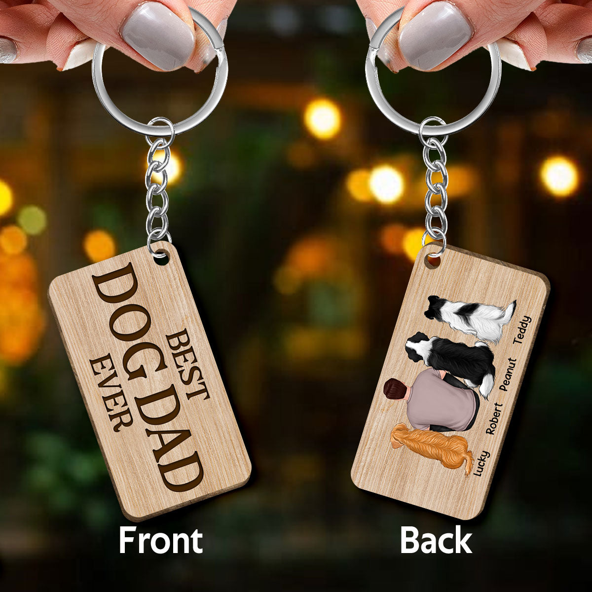 Best Dog Dad Ever Back View Sitting Man & Dogs Personalized Wooden Keychain