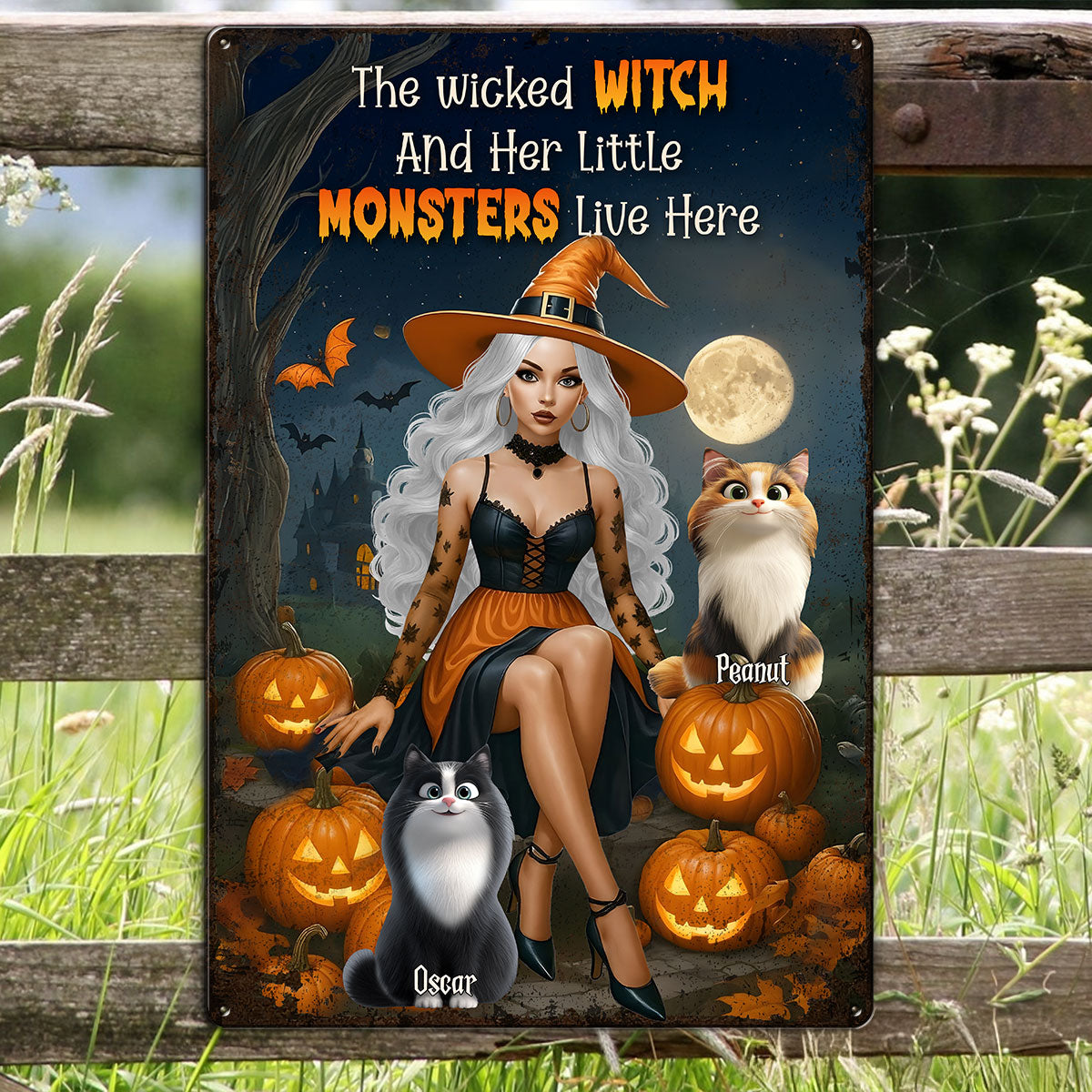 The Wicked Witch and Her Little Monster Live Here Personalized Metal Sign, Halloween Decor for Cat Lovers