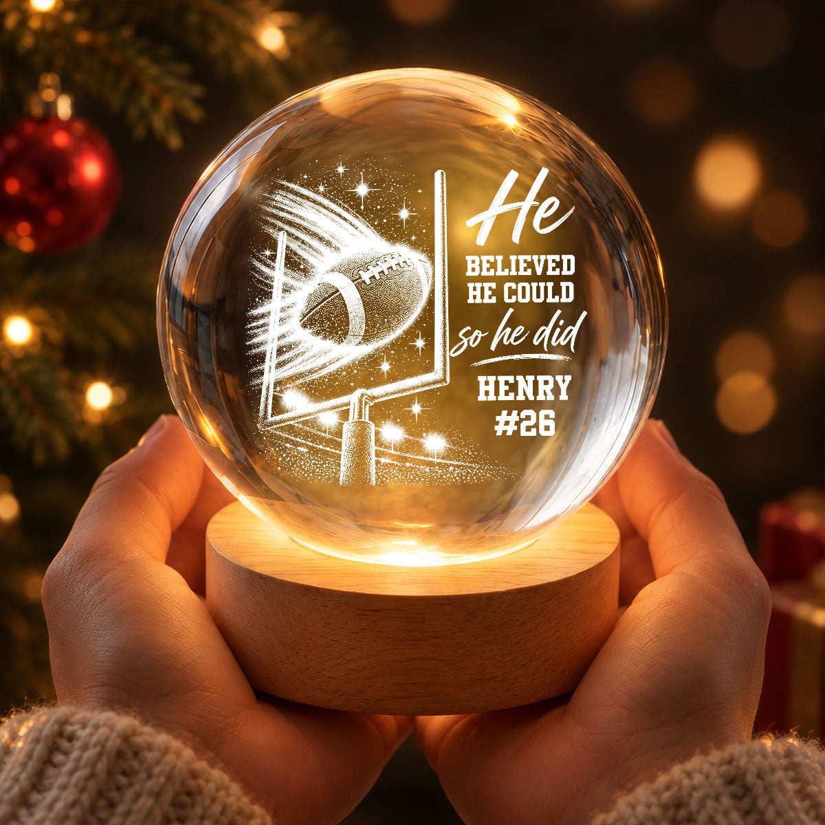 Proud American Football Player Name And Number - Personalized Crystal Ball - Christmas Gift For Teenagers, American Football Players, American Football Lovers, Daughter, Granddaughter, Son, Grandson