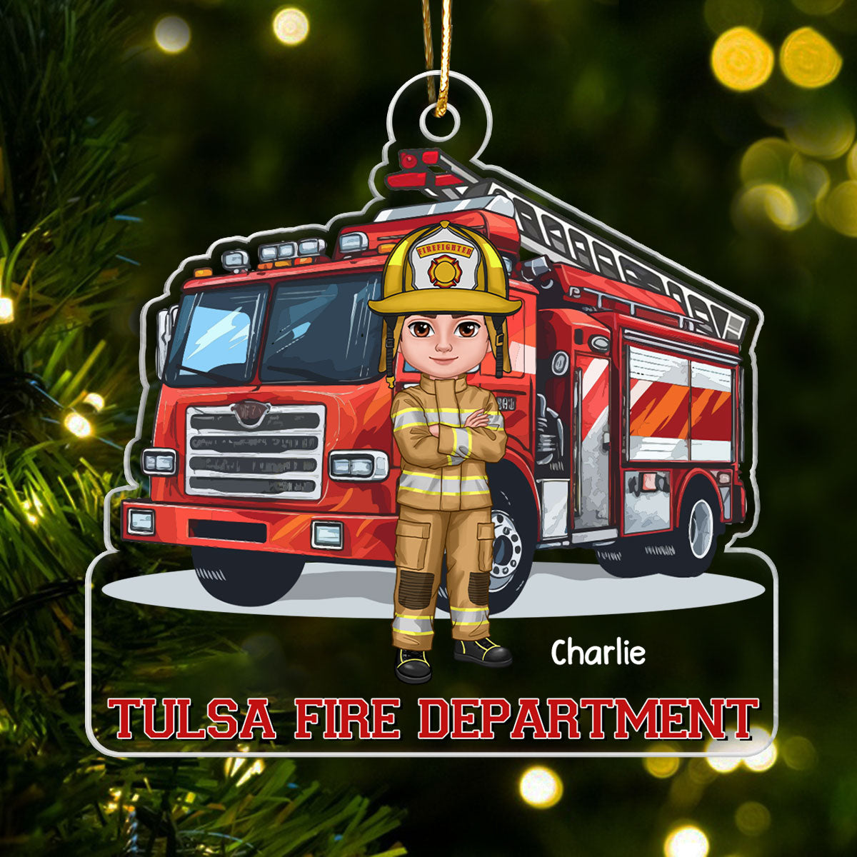 Firefighter Group Squad In Front Of Fire Truck Personalized Acrylic Ornament