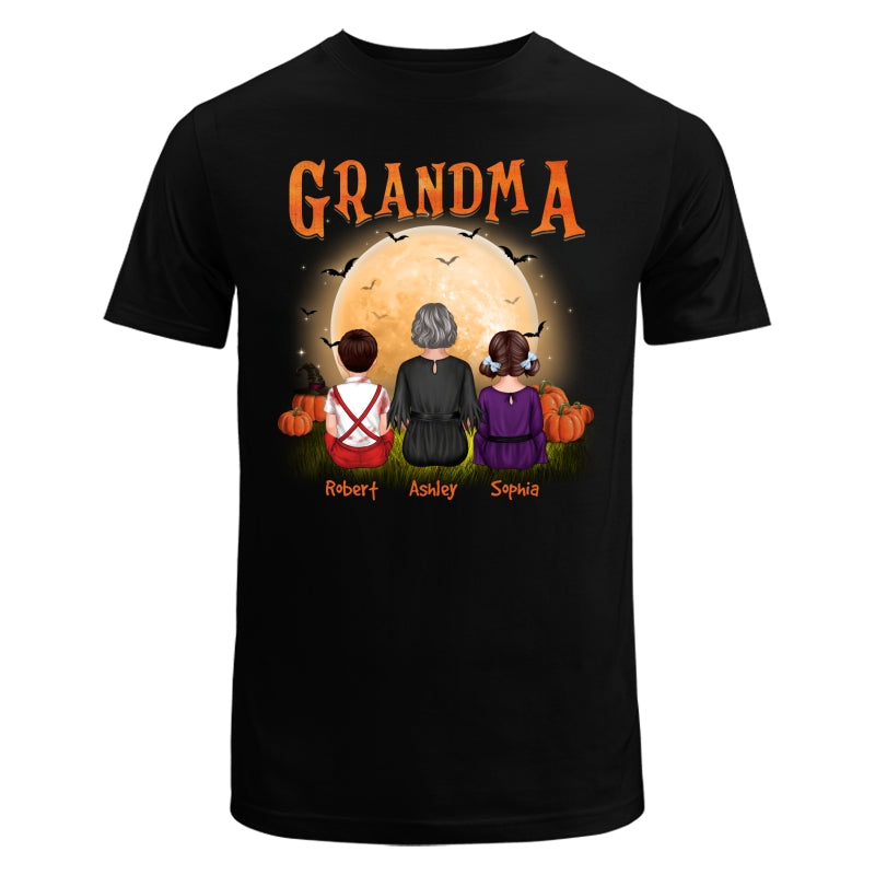 Grandma & Grandkids Back View Under Moonlight Halloween Personalized Shirt