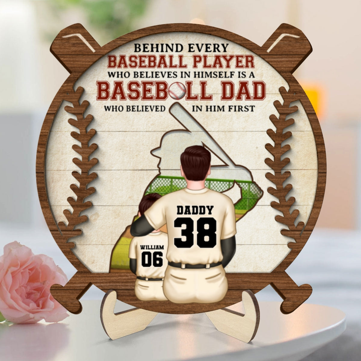 Baseball Dad Behind Every Baseball Player Personalized 2-Layer Wooden Plaque