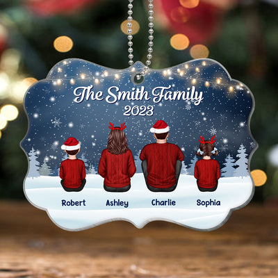 Family Back View Sitting In Snow Night Lights Personalized Acrylic Ornament