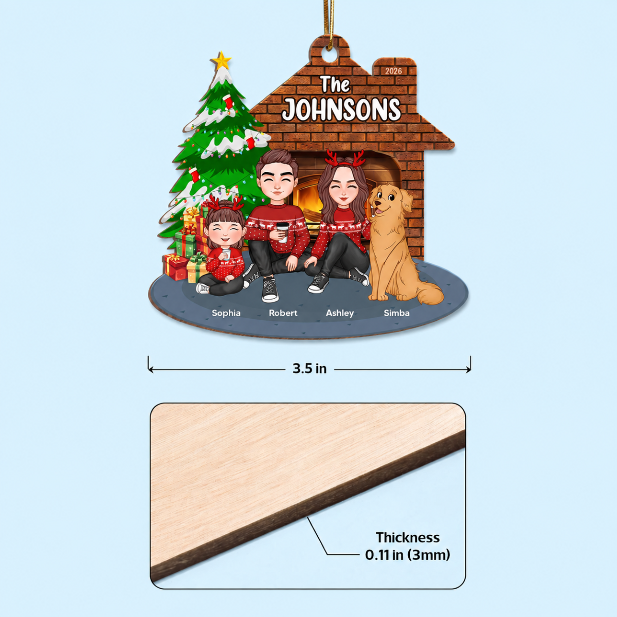 Whole Cute Family Dad Mom Kid Dog Cat By Christmas Tree In House Personalized Wooden Ornament
