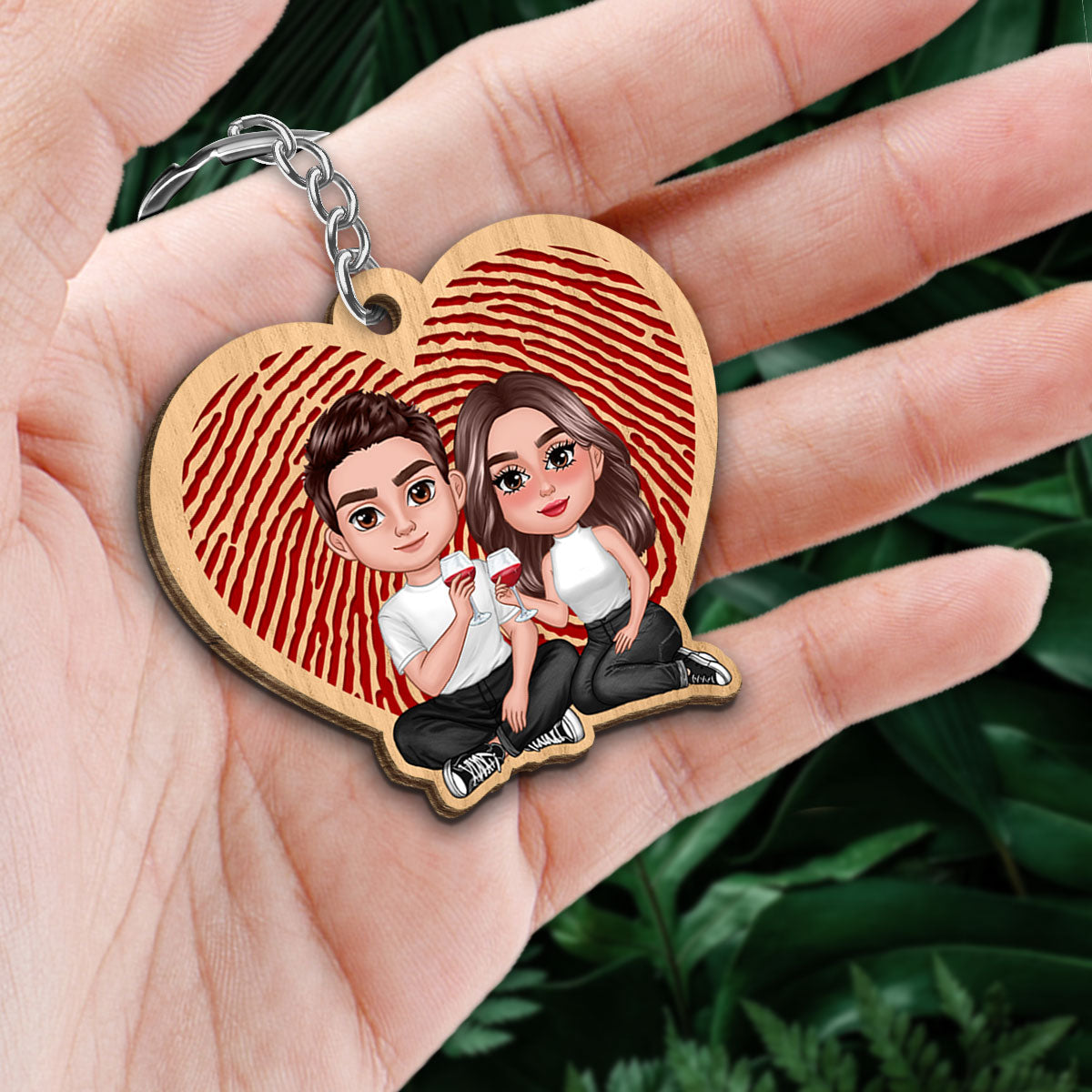 Couple Sitting Heart Fingerprints Personalized Heart Wooden Keychain
