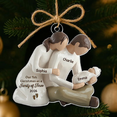3D Effect First Christmas As Family Of Three Mom Dad Holding Baby - Personalized Acrylic Car Hanger
