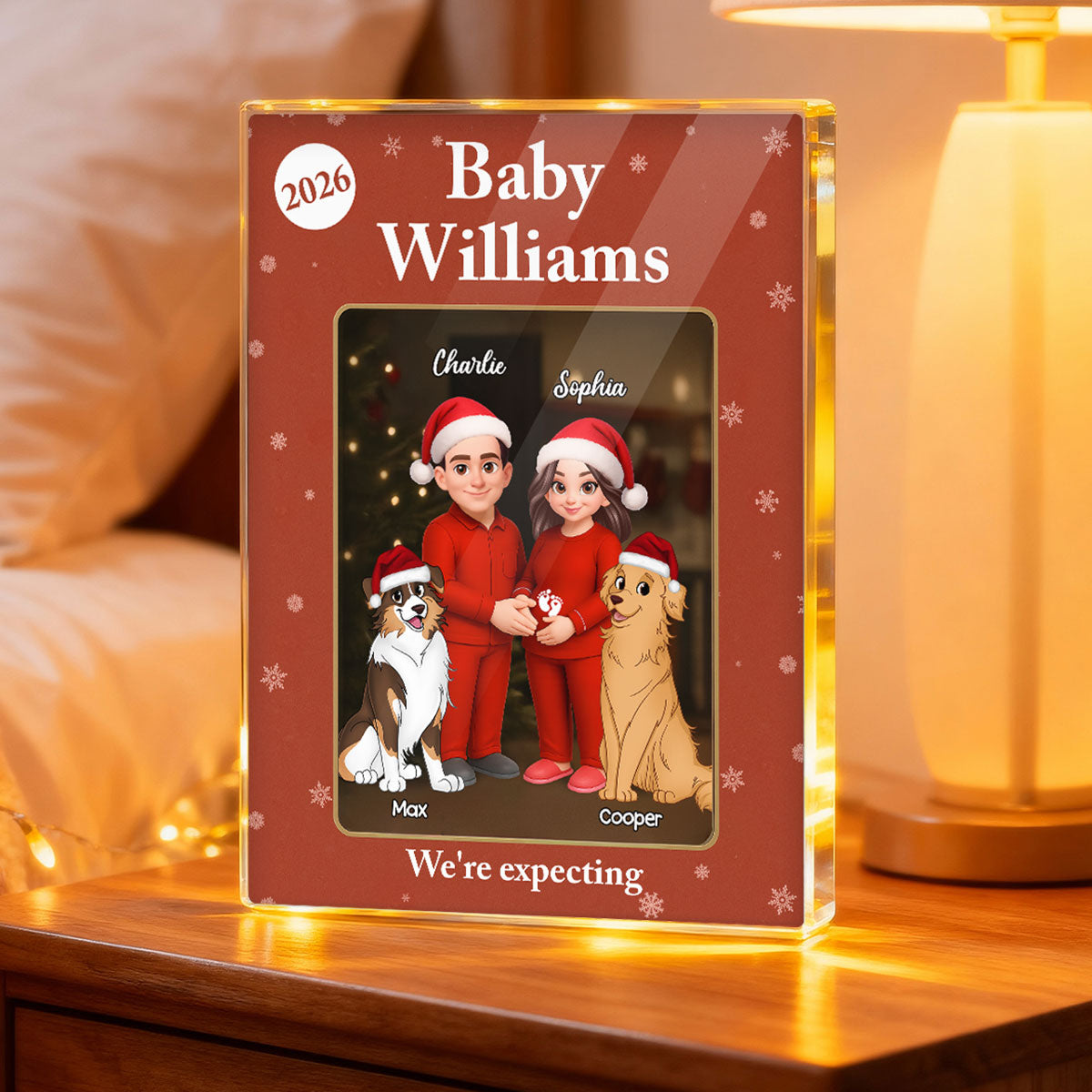 Expecting Parents Christmas Pregnancy Baby Arriving With Dogs Cats Custom Figure Style - Personalized Acrylic Block Plaque