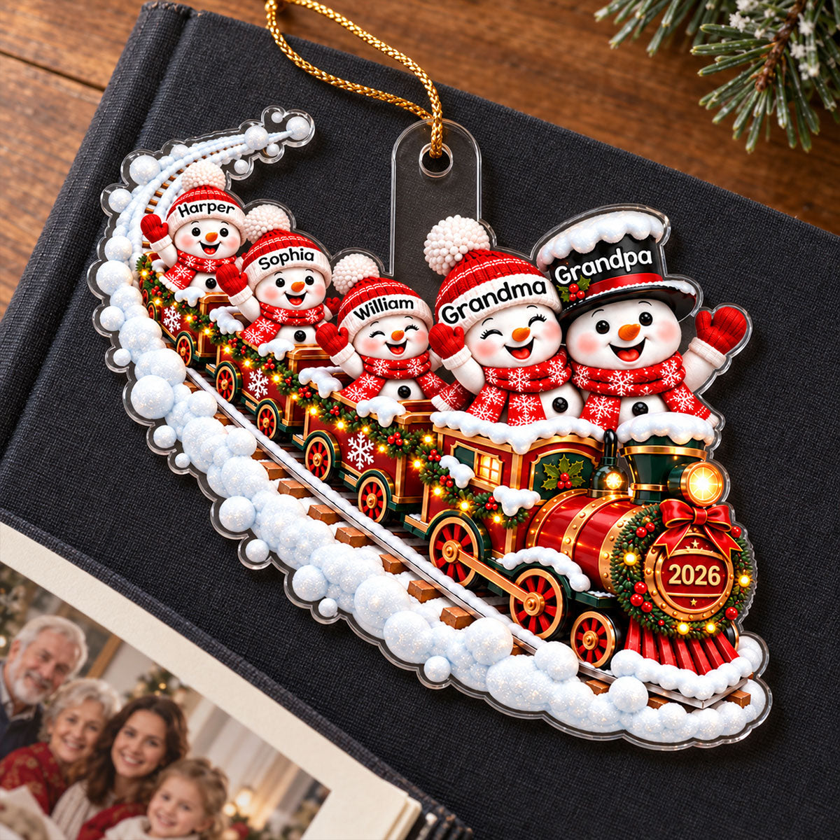 Snowman Family Grandparents Train 2D Flat - Personalized Acrylic Ornament – Christmas Family Keepsake Gift