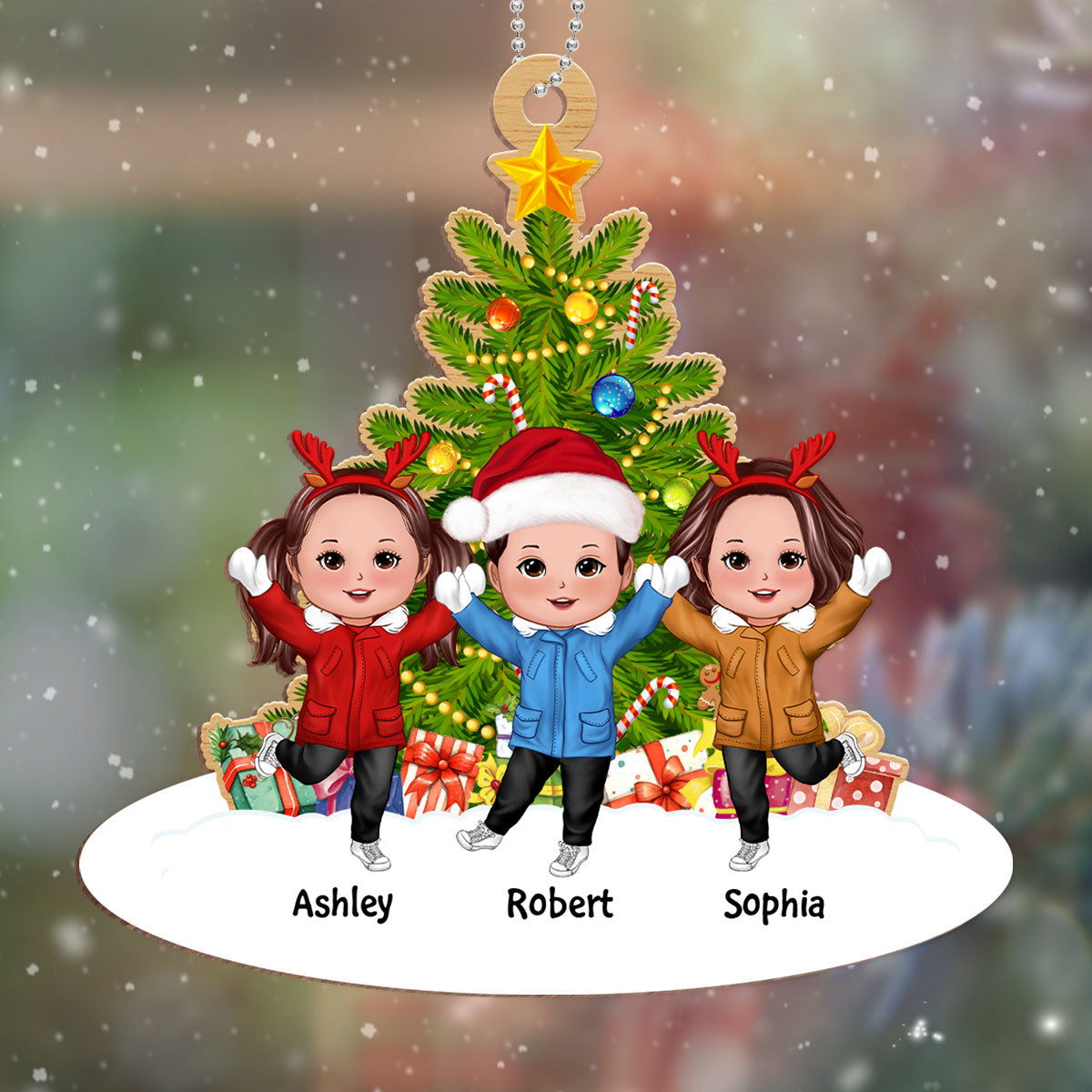 Merry Christmas Our Grandkids Happy Doll Kids In Snow Under Tree Personalized Wooden Ornament