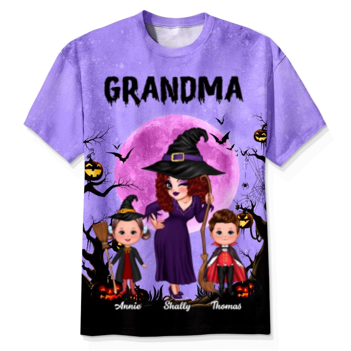 Pretty Grandma Witch & Kids Moon Bat Tree - Personalized 3D Shirt