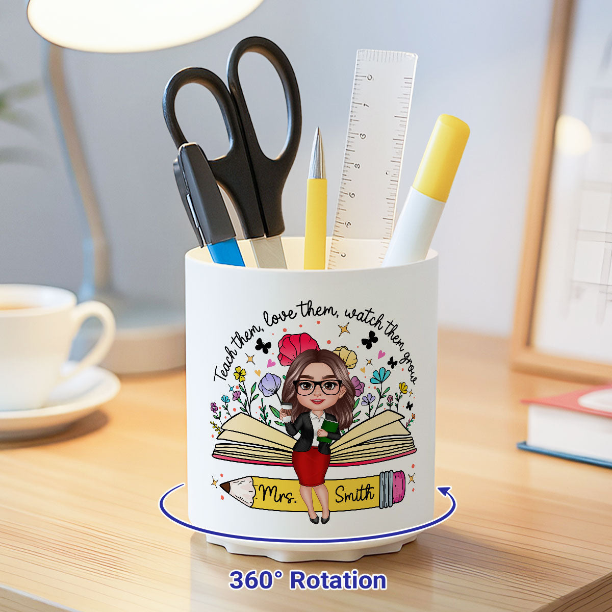 Teacher Teach Them Love Them Watch Them Grow Wildflowers Personalized Rotating Pen Holder