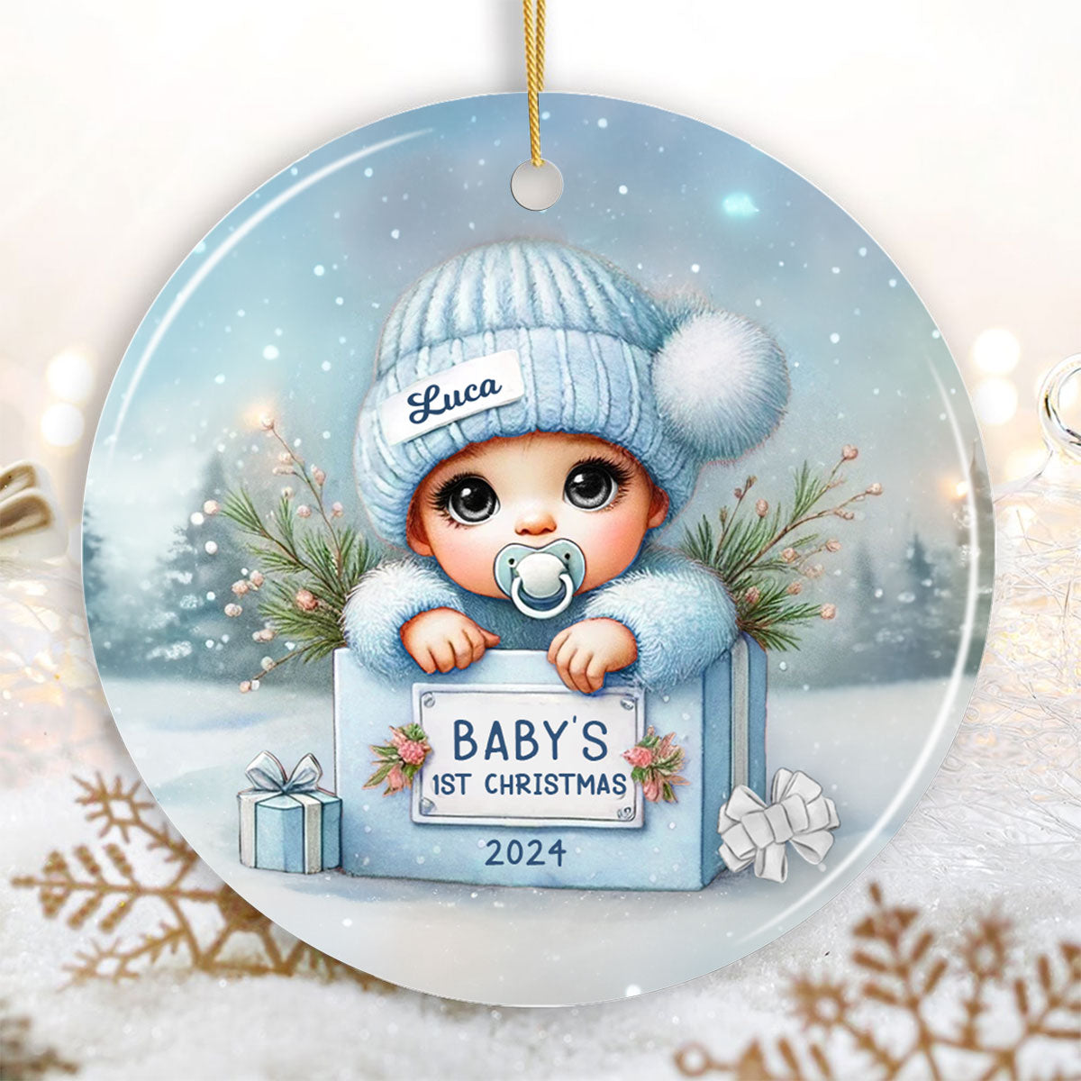 Watercolor Baby Inside Gift Box Personalized Ceramic Ornament, Christmas Gift for New Mom New Dad