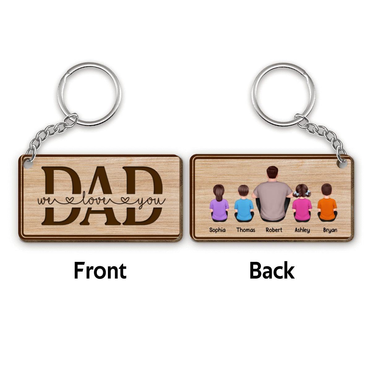 TRENDINGCUSTOM Best Dad Ever Back View Sitting Man Kids Dog Cat Border Personalized Wooden Keychain